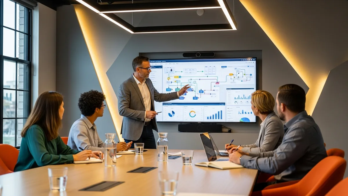 VP of data leading a planning session with team leads around a conference table reviewing a data pipeline diagram on screen