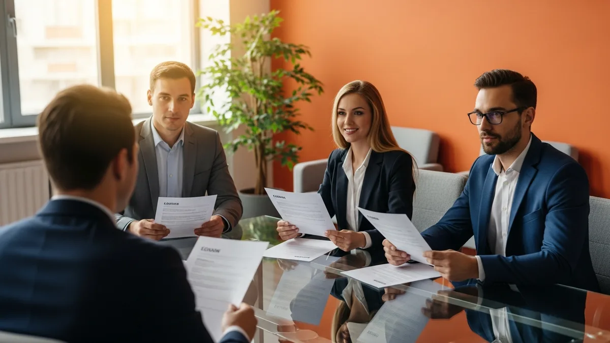 Executive hiring panel interviewing a VP of engineering candidate with printed resumes