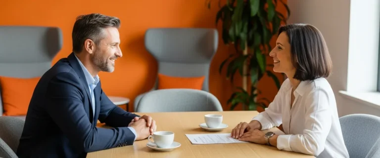 Hiring manager and VP of engineering candidate meeting across a conference table to discuss the role