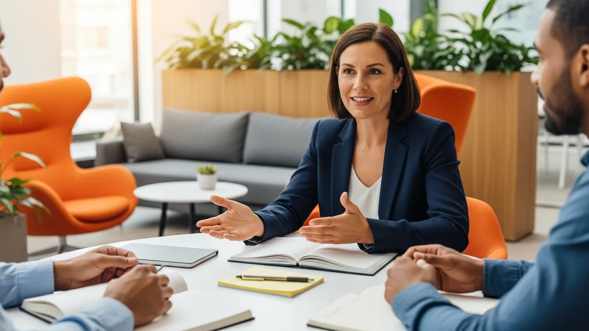 VP of engineering leading a planning discussion with two engineering managers in a startup office