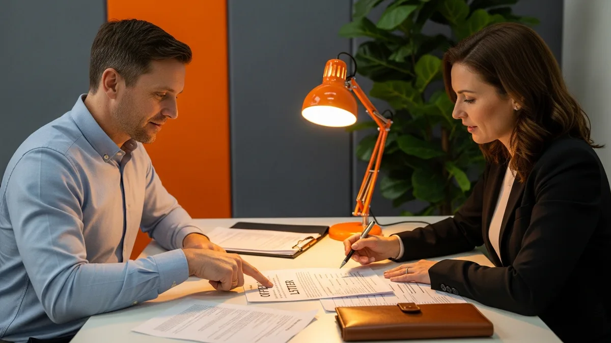 Founder and recruiter reviewing a printed VP of engineering offer letter together