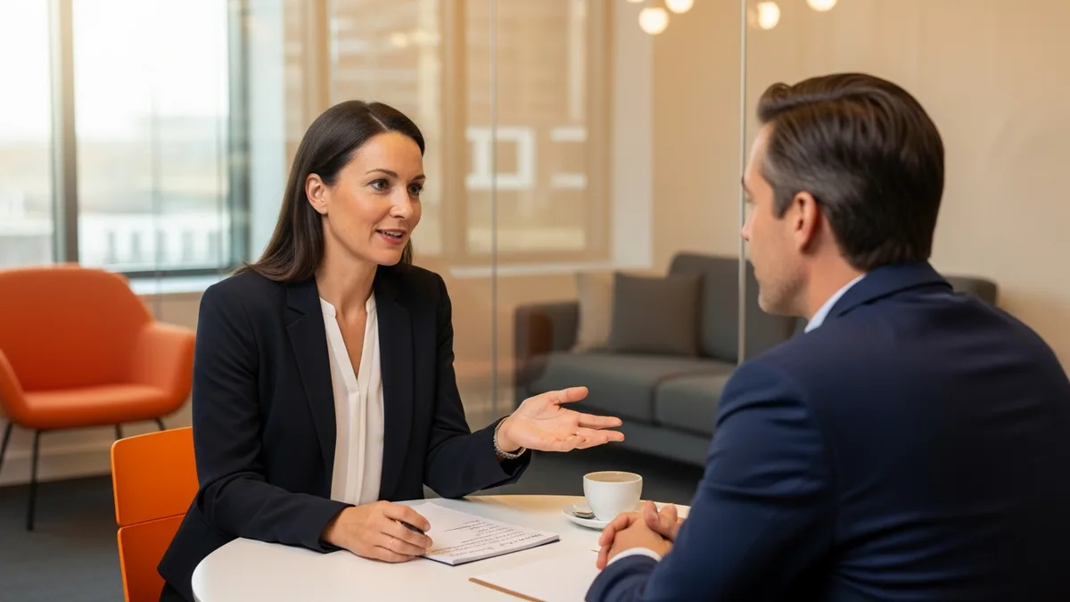Hiring manager interviewing a VP of product candidate across a table in a modern office