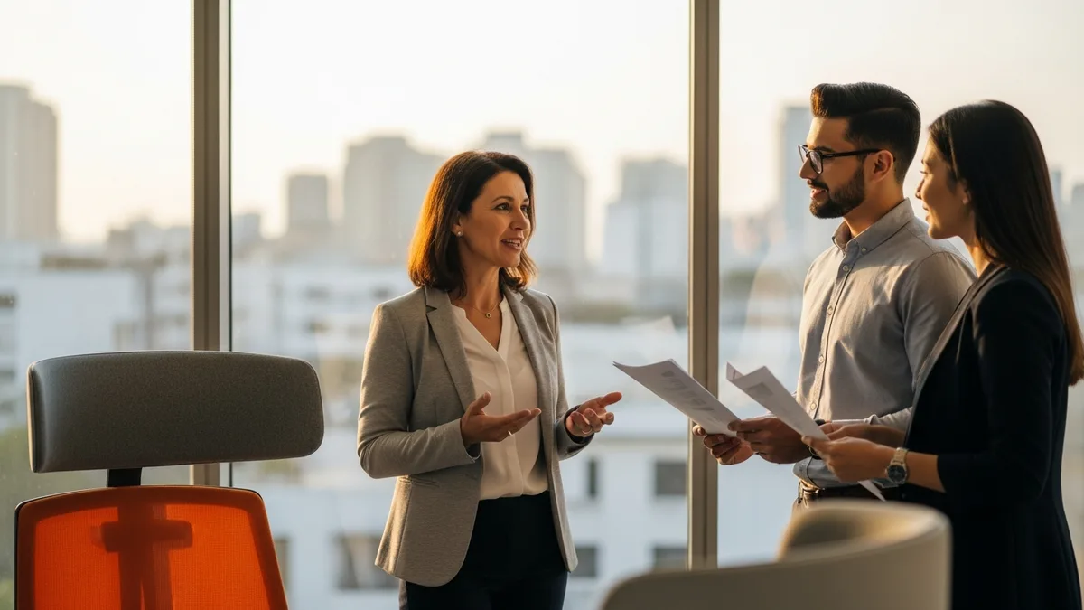 Senior product leader mentoring two product managers near a large office window