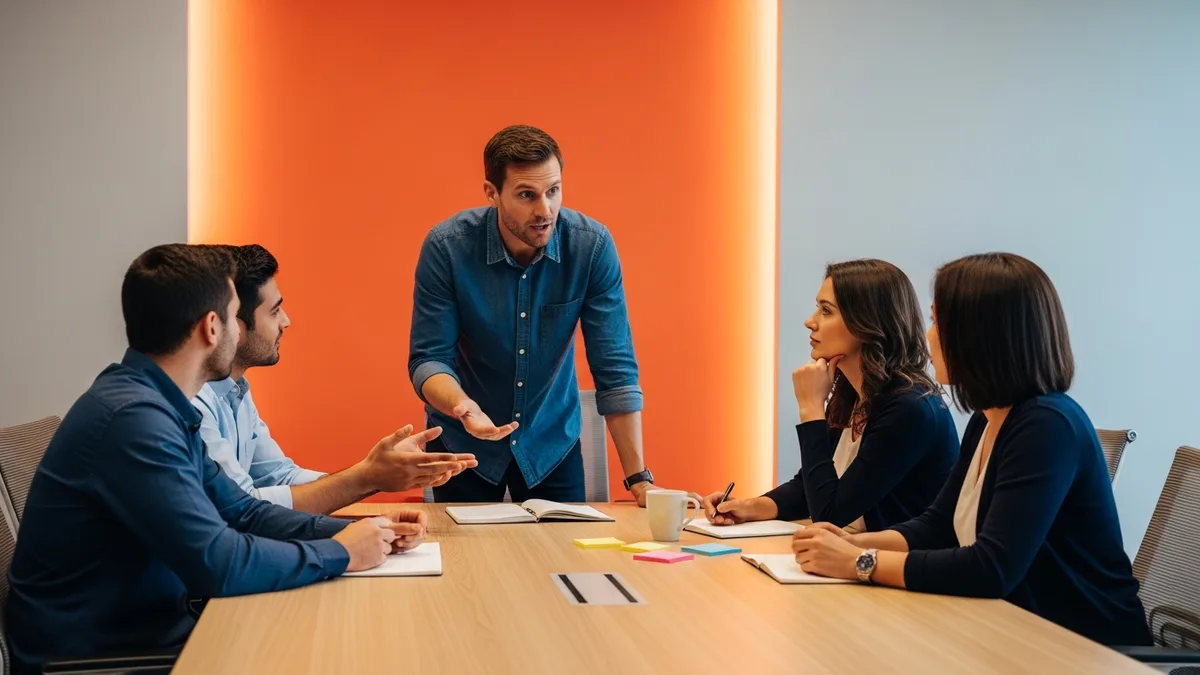 VP of product leading a product strategy discussion with a cross-functional team around a conference table