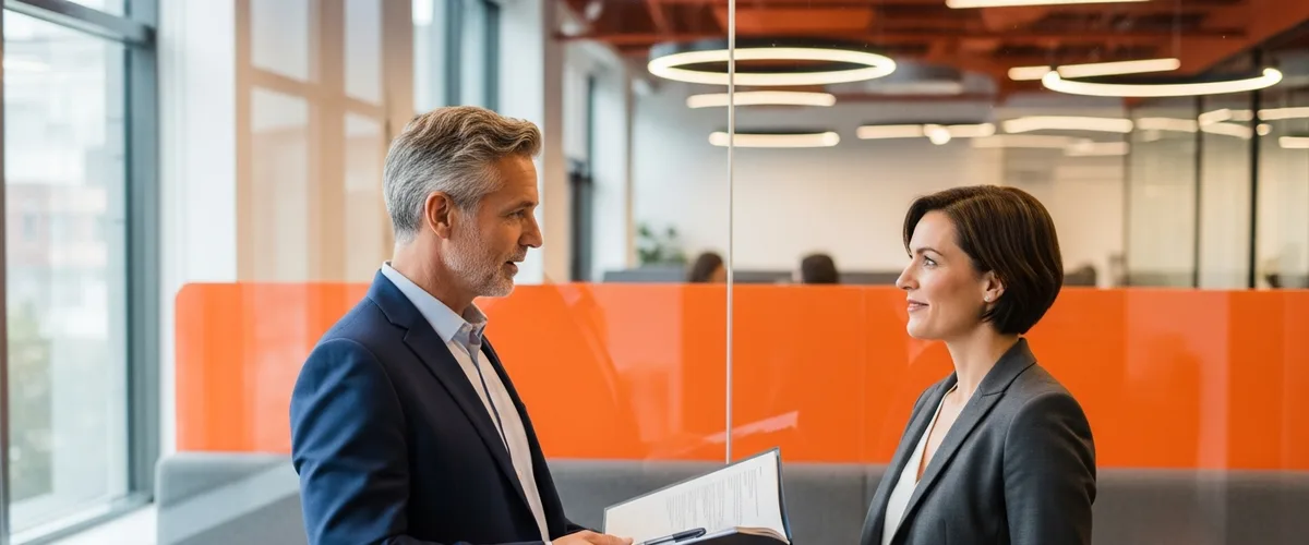 Workday consultant and a hiring manager discussing a staffing plan in a modern office