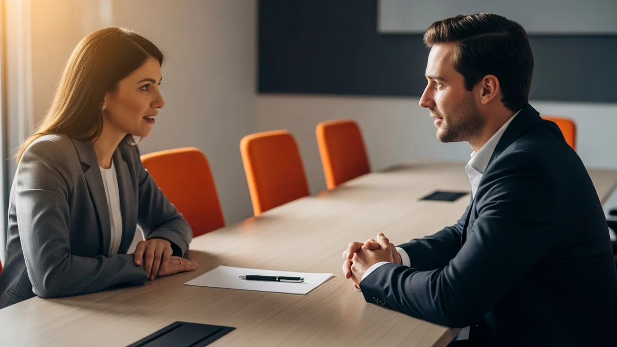 Hiring manager interviewing a Workday consultant candidate across a desk in a conference room