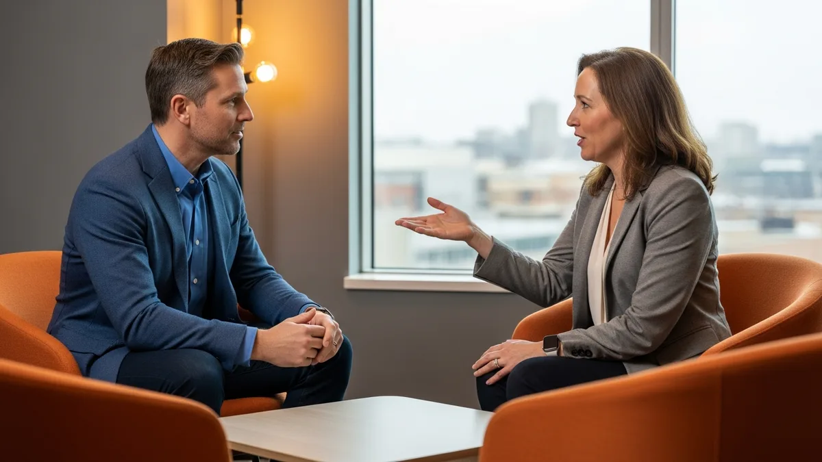 Hiring manager interviewing an engineering leadership candidate for a fintech role
