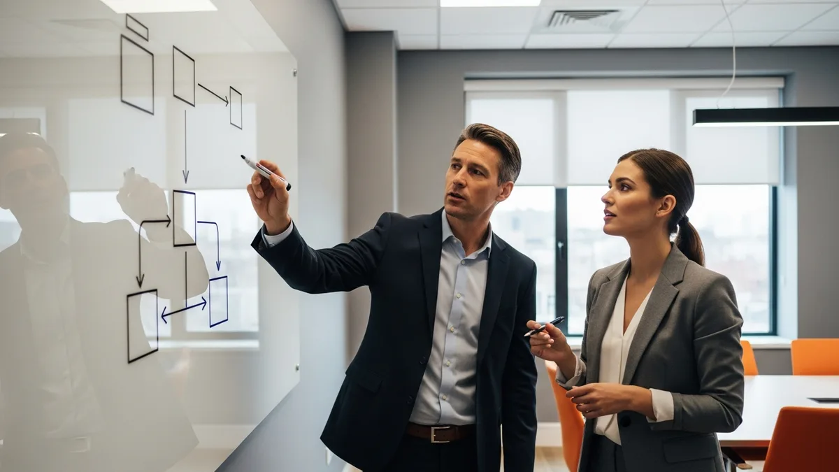 Engineering hiring manager and recruiter at a whiteboard mapping AI and ML engineer roles to a hiring roadmap