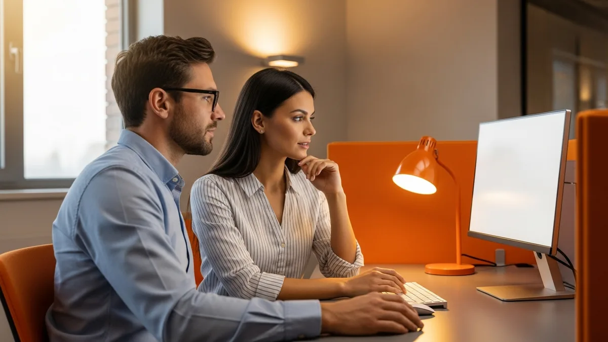 Hiring manager and KORE1 recruiter reviewing a product marketing manager candidate profile on a monitor