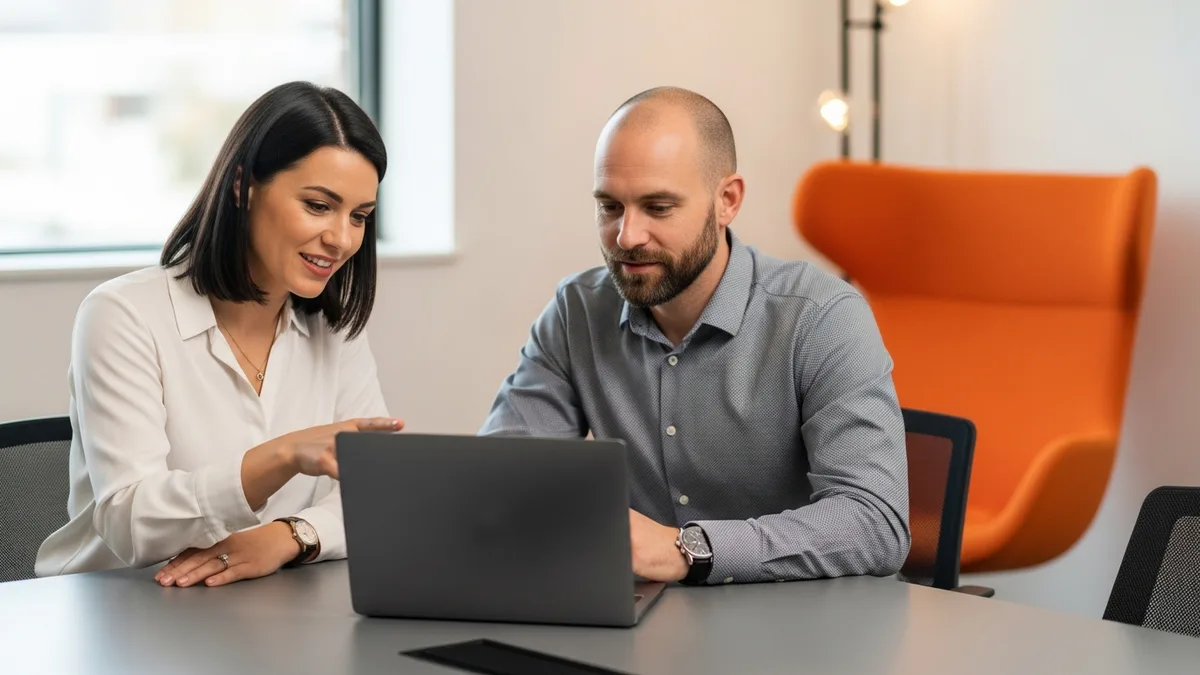 Hiring manager and technical recruiter reviewing software engineer candidates in a conference room