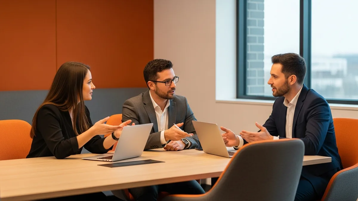 Hiring team discussing analytics engineer candidates around a conference table in a modern office