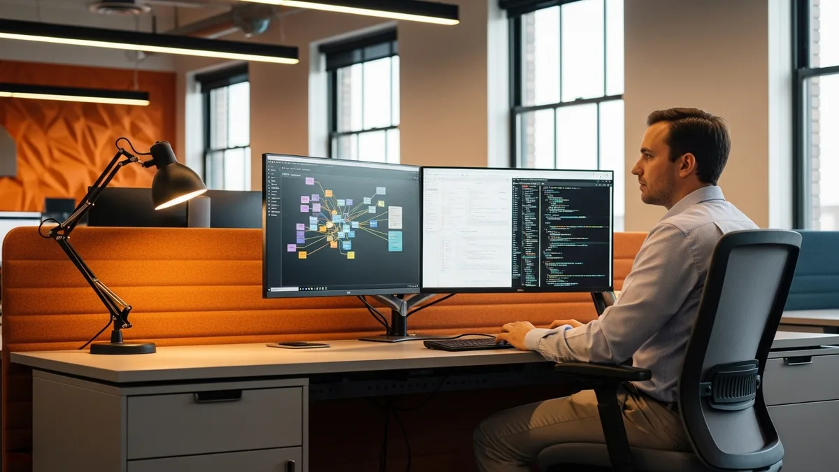 Analytics engineer reviewing a dbt data model lineage diagram and SQL code on dual monitors in a modern office