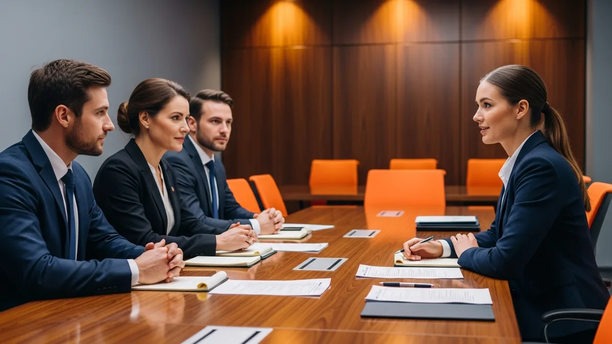 Executive interview panel questioning a CISO candidate across a conference table