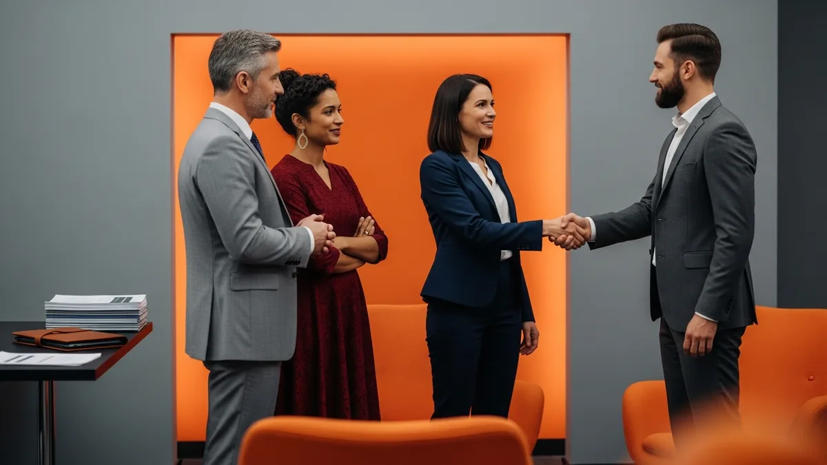 Newly hired CISO shaking hands with company leadership during onboarding