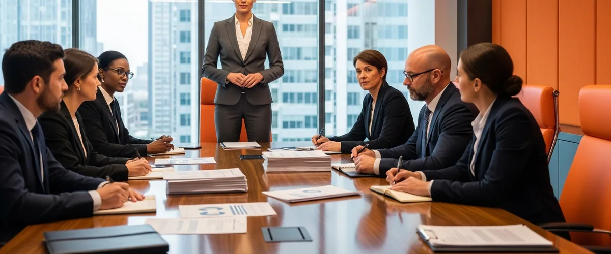 Chief information security officer presenting a security risk briefing to a corporate board of directors in a modern boardroom