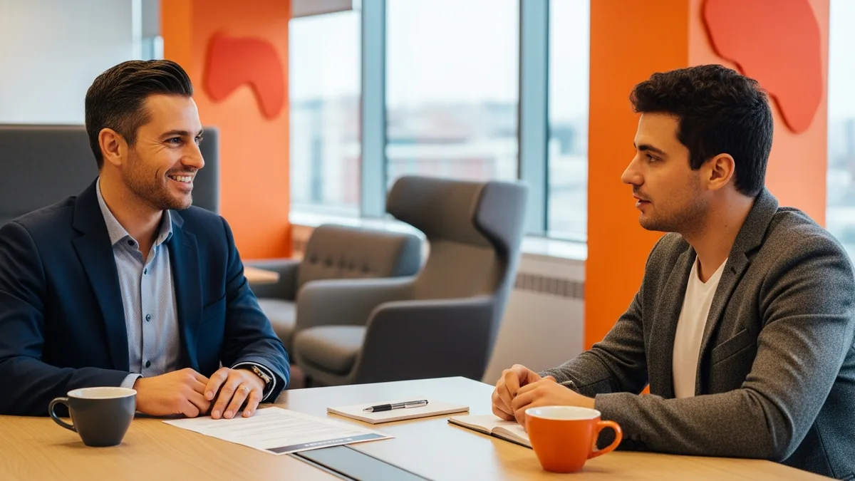 Hiring manager interviewing a Java developer candidate across a table with a printed resume in a modern office