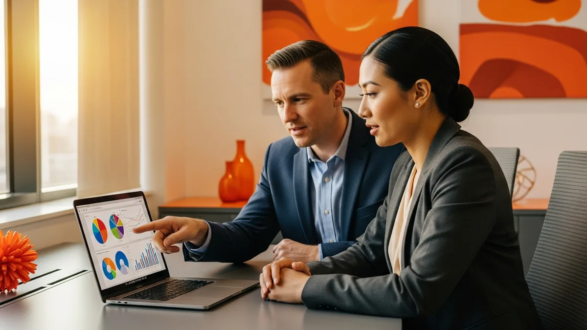 Engineering leader and finance partner reviewing a security engineer compensation budget on a laptop