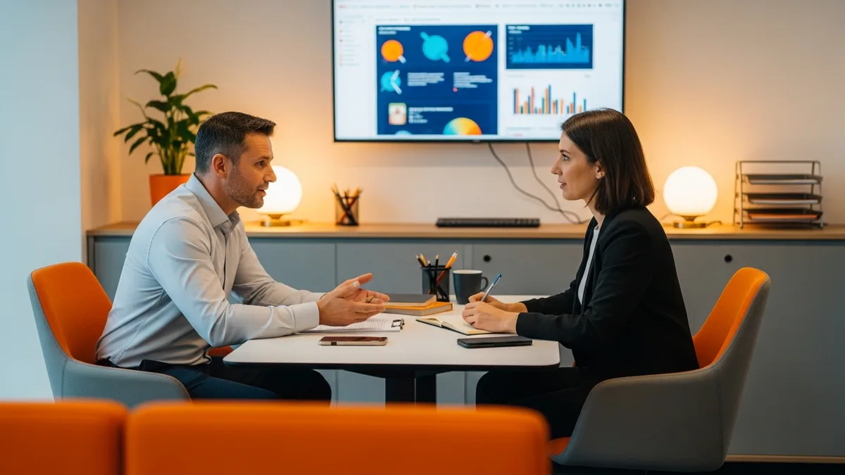 Hiring manager and technical recruiter scoping a security engineer role across a meeting table