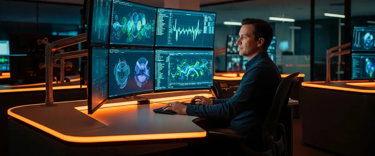 Security engineer monitoring abstract threat dashboards at a multi-screen security operations workstation