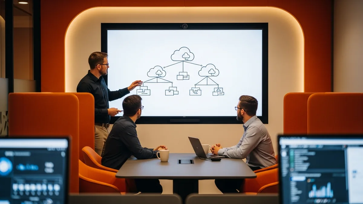 Security team reviewing a cloud architecture diagram on a wall screen during a technical interview