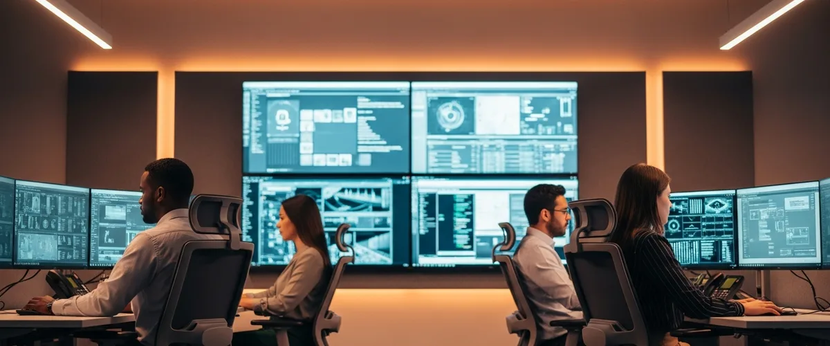 Security operations center team of cybersecurity analysts monitoring threat dashboards at their workstations