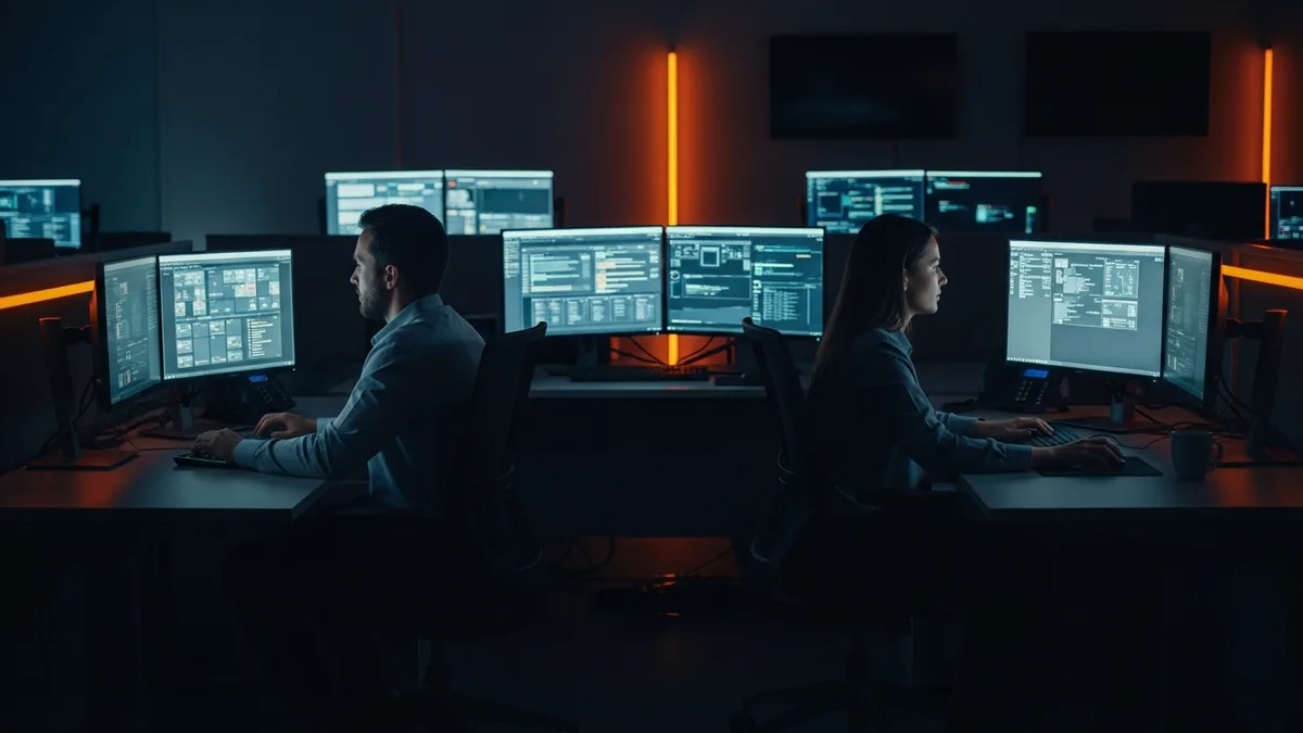 Two SOC analysts working a 24/7 night shift monitoring security dashboards in a dim security operations center