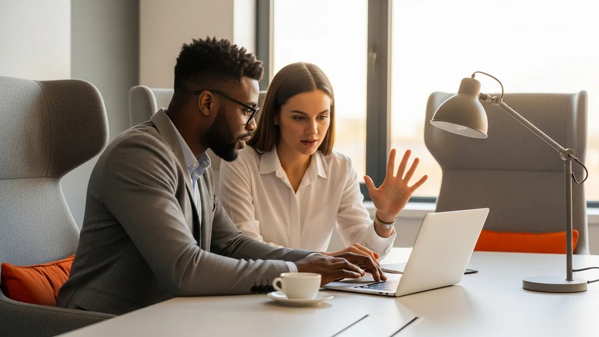 Hiring manager and technical recruiter reviewing a SOC analyst staffing plan on a laptop in a modern office