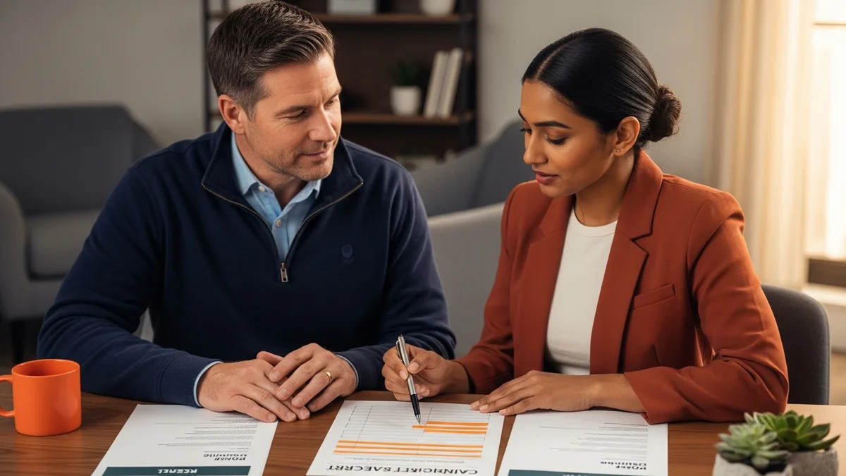 Hiring manager and KORE1 recruiter reviewing a solutions architect candidate scorecard and resumes at a desk