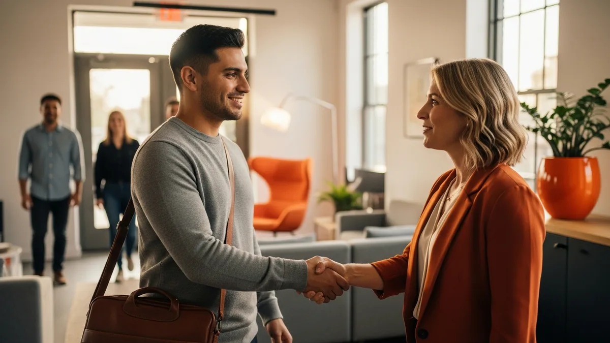 Newly hired solutions architect shaking hands with an engineering director on the first day in a modern office