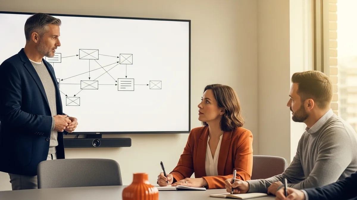 Solutions architect explaining a reference architecture diagram on a wall monitor to an executive and a colleague