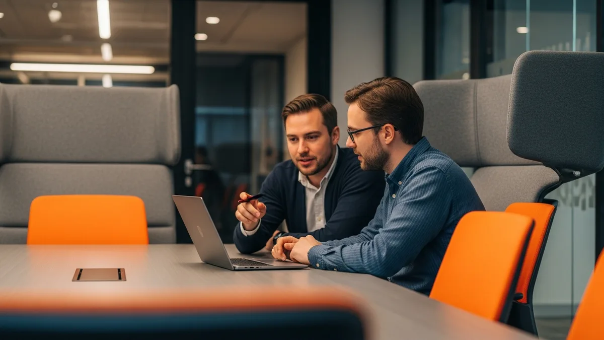 Two SaaS platform engineers discussing HubSpot engineering skill profiles over a laptop in a 2026 office