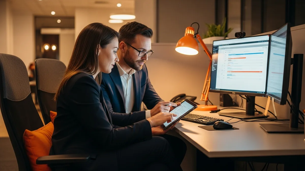 Hiring manager and KORE1 recruiter reviewing a pipeline of displaced HubSpot SaaS engineers in 2026