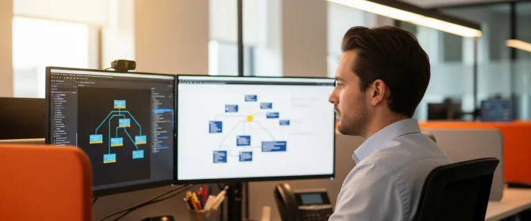 Senior SaaS platform engineer reviewing CRM architecture on dual monitors, representing HubSpot engineering talent on the 2026 market