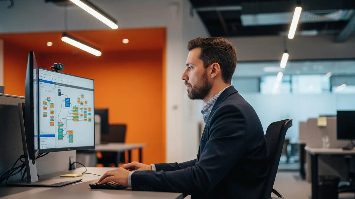 Senior SaaS backend platform engineer studying a CRM data-model diagram at a 2026 engineering workstation