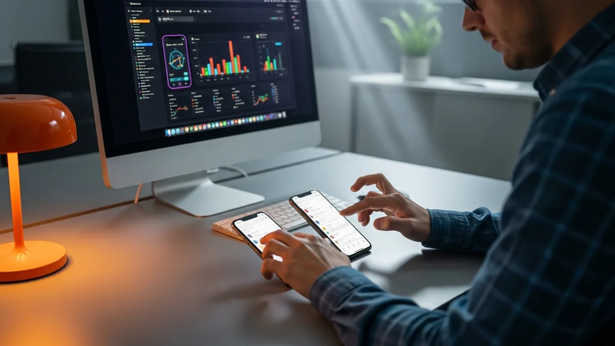 iOS developer testing an app across two iPhones with analytics charts shown on a Mac
