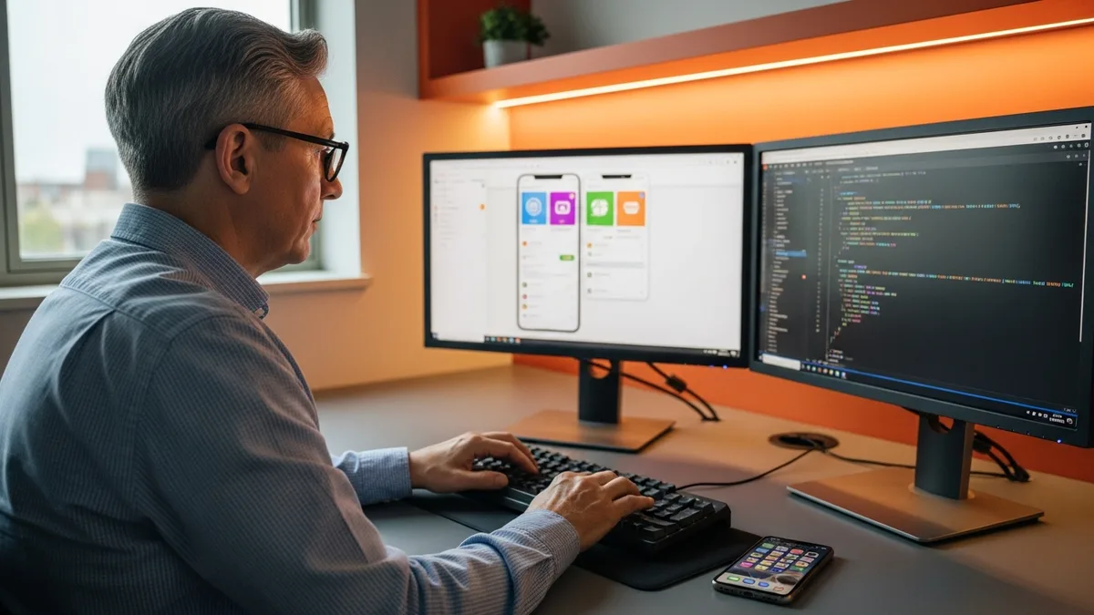Senior iOS developer working at dual monitors showing a Swift app interface and code in Xcode