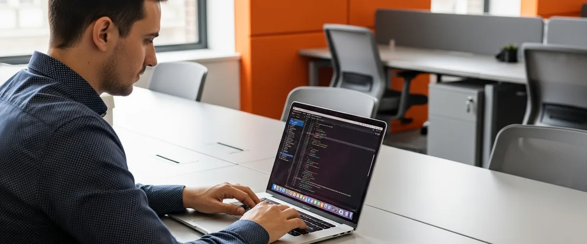 iOS developer reviewing code on a Mac laptop with an iPhone on the desk showing app icons