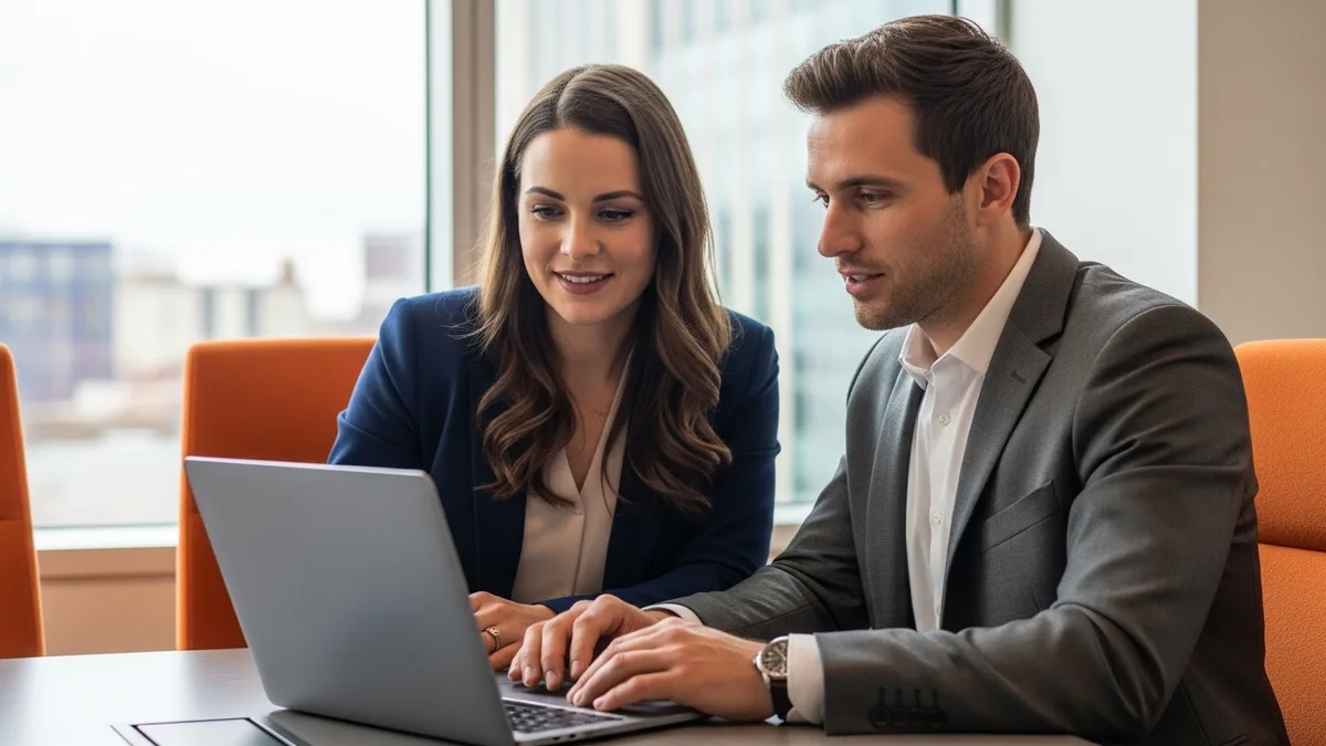 Hiring manager and recruiter reviewing iOS developer salary benchmark data on a laptop