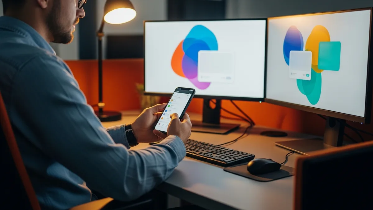 iOS software engineer integrating an AI assistant feature into a mobile app at a dual-monitor workstation