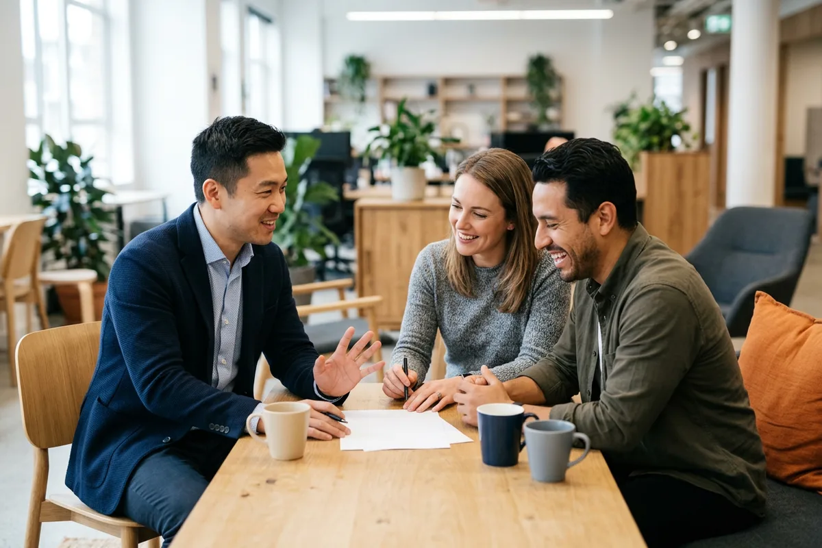 KORE1-placed IT consultant collaborating with a client project team at a shared table in a bright office