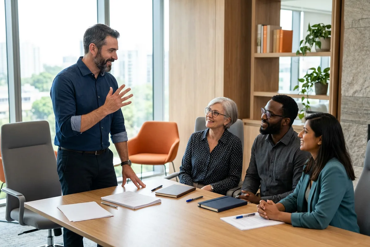 IT consultant presenting a project delivery plan to three client stakeholders gathered around a table in a bright meeting room