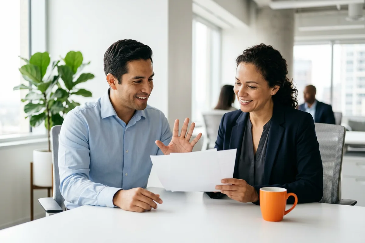 KORE1 recruiter and a senior IT consultant reviewing candidate notes during the vetting process at a desk