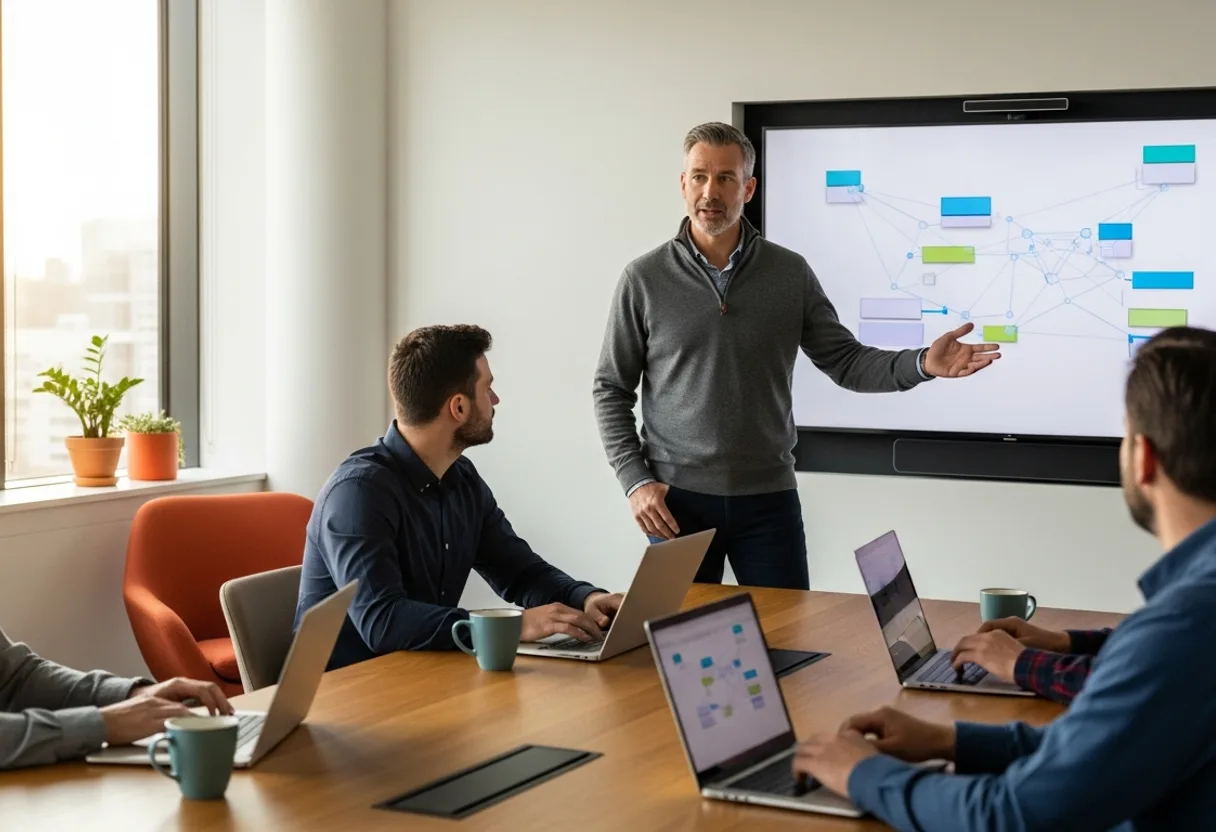 IT director leading an operations stand-up with the technology team