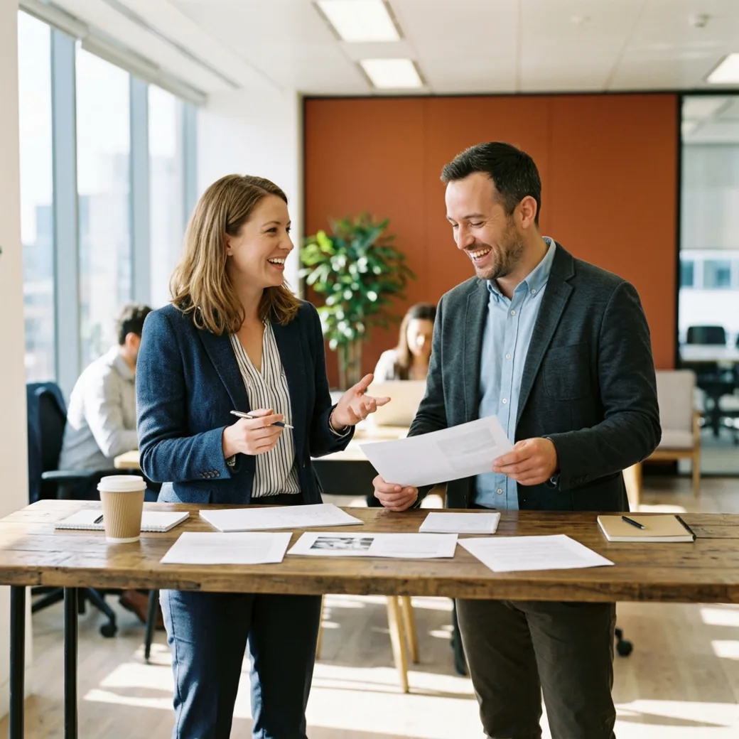Two KORE1 recruiters comparing notes on technical candidates in a bright office