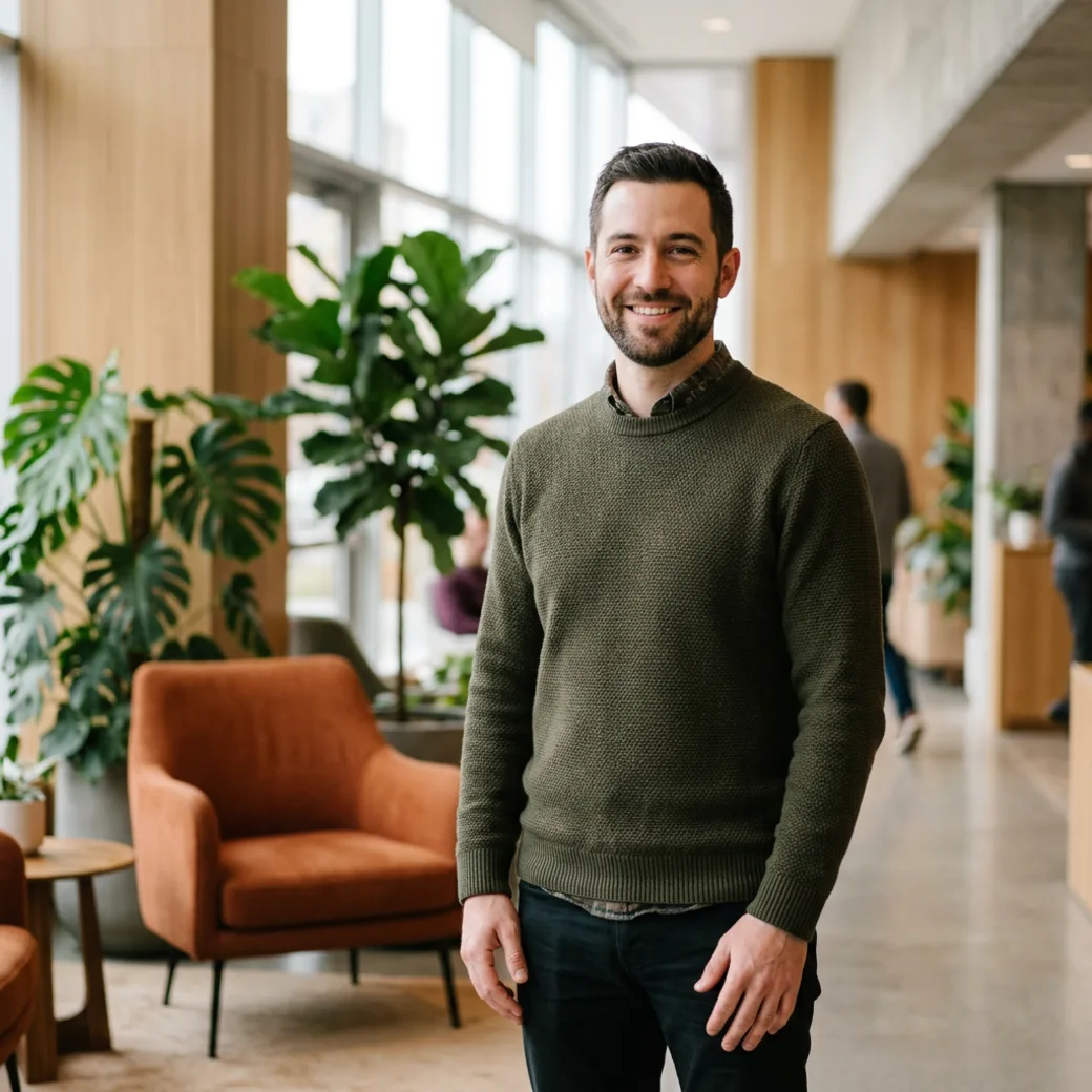 Software engineer placed by KORE1 recruiters standing confidently in a modern office