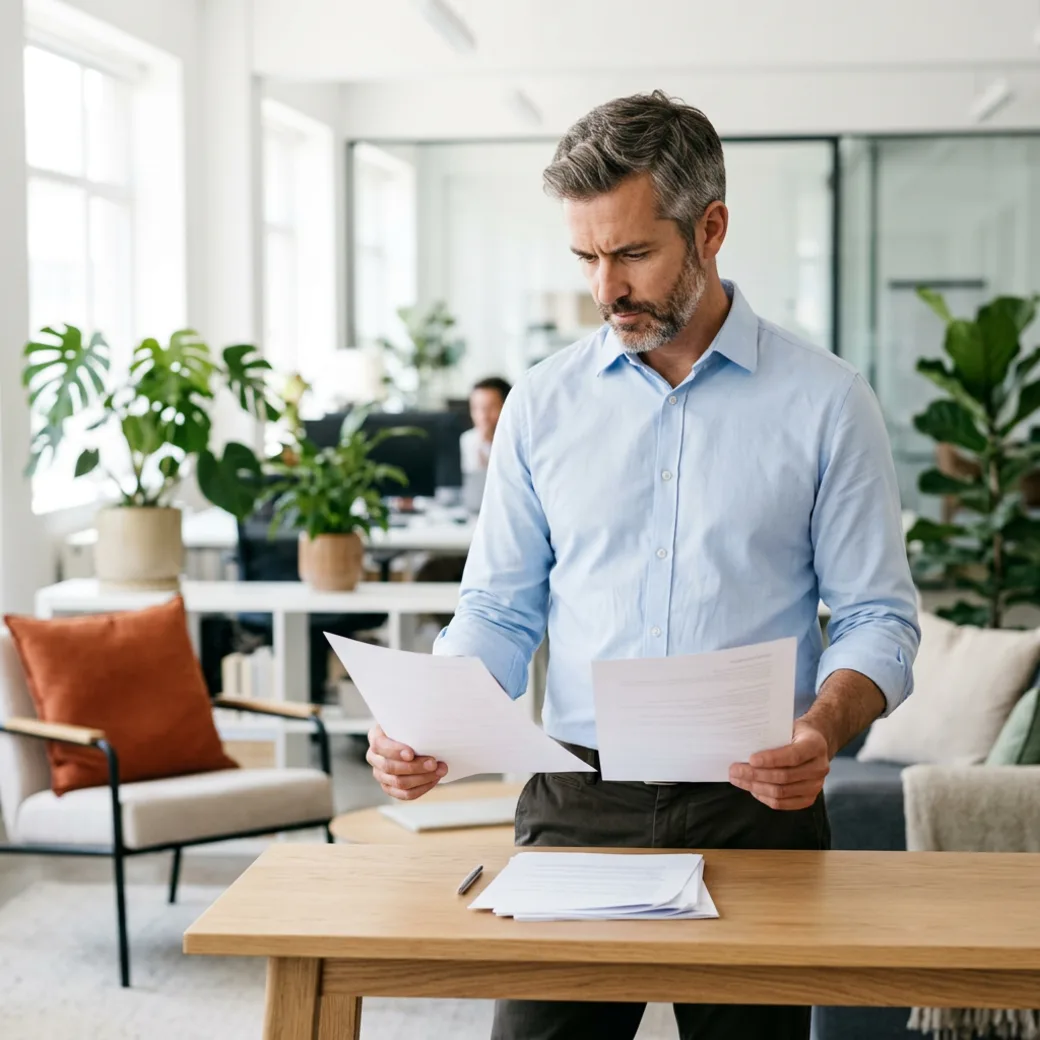 KORE1 IT recruiter reviewing printed engineering candidate profiles at a desk