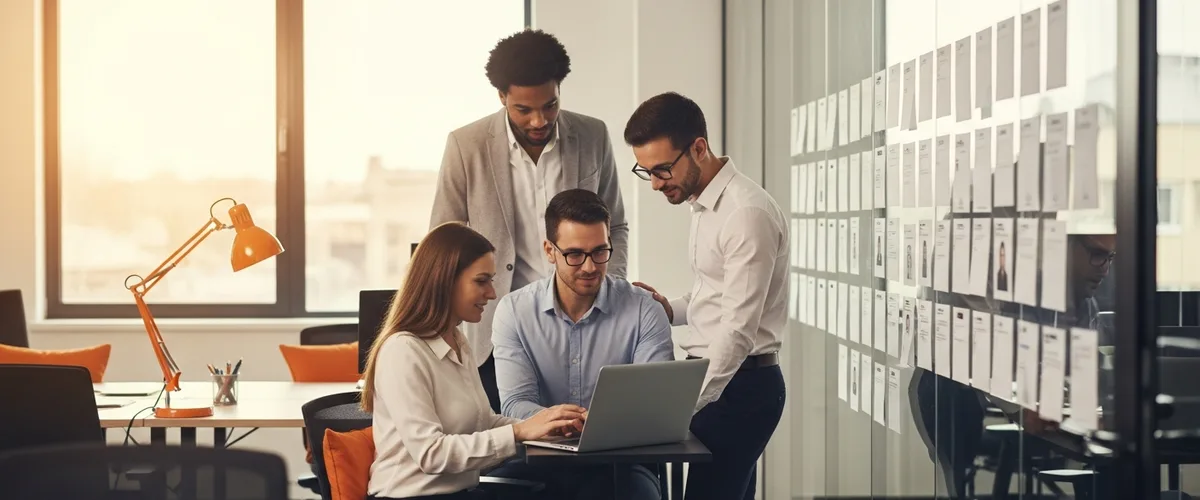 IT recruiting agency team reviewing technology candidates in a modern office