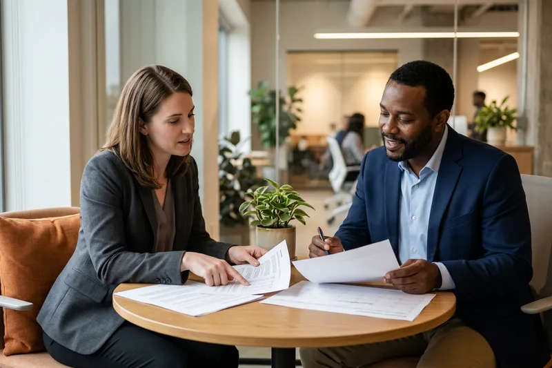 IT hiring manager and KORE1 advisor mapping team capacity over printed planning documents in a meeting room