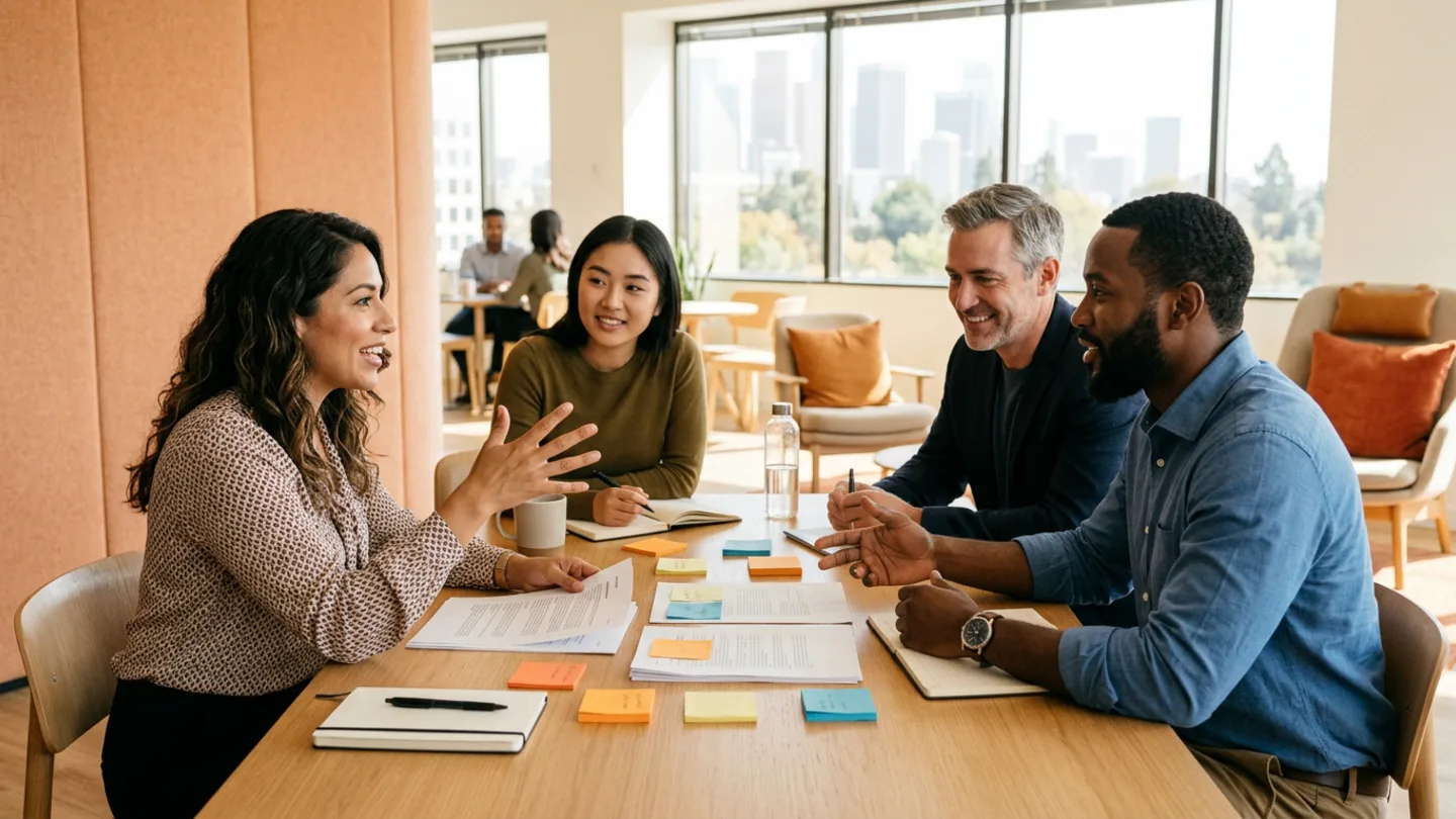 KORE1 augmented IT contractor collaborating with in-house engineers around a table in a bright US office
