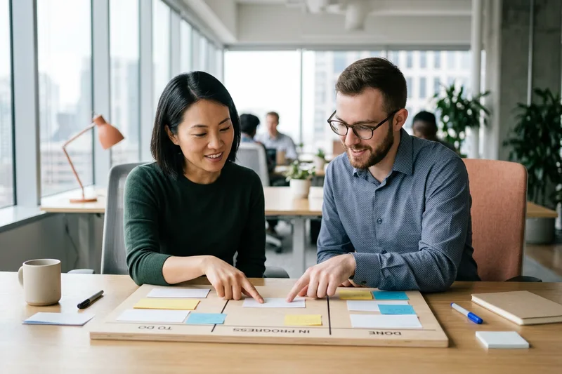 KORE1 augmented IT professional pair-working with an in-house engineer at a shared desk during sprint planning